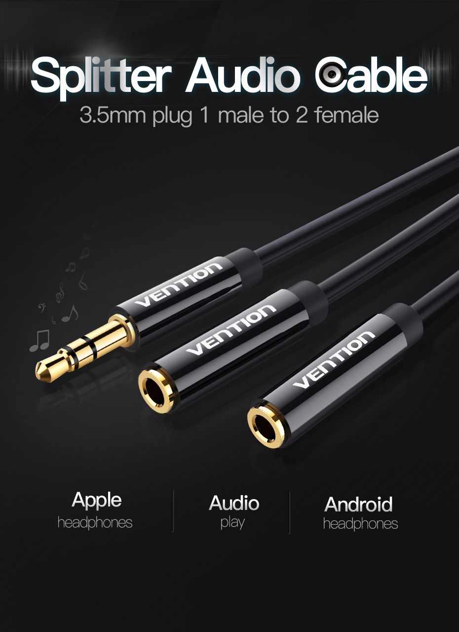 Kabllo audio splitter Vention, 3.5mm mashkull në femër, e zezë
