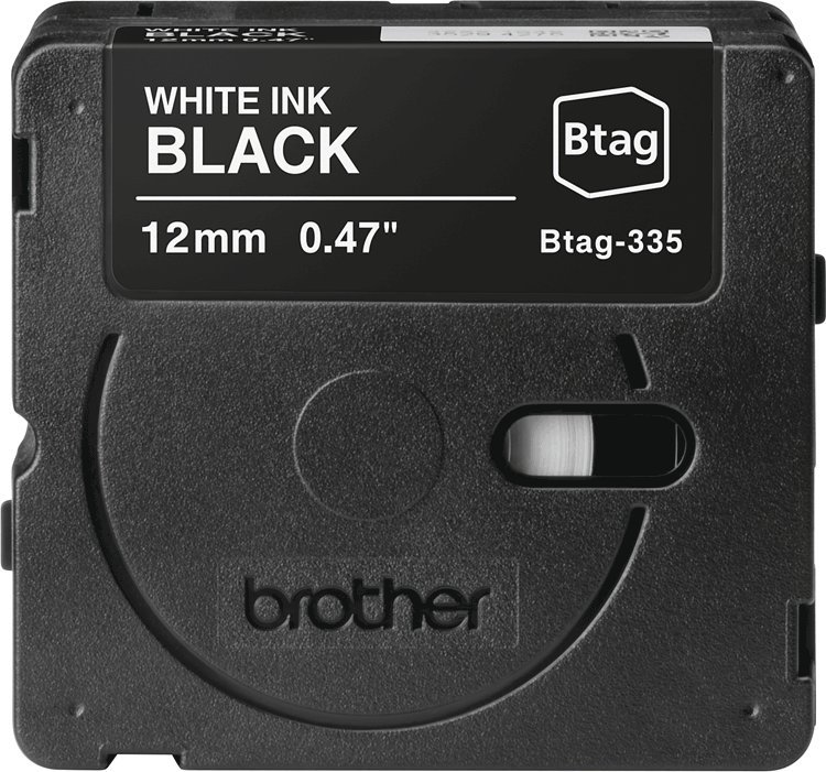 Shirit etiketa Brother BTAG-335, 12mm, 4m, i bardhë mbi të zezë