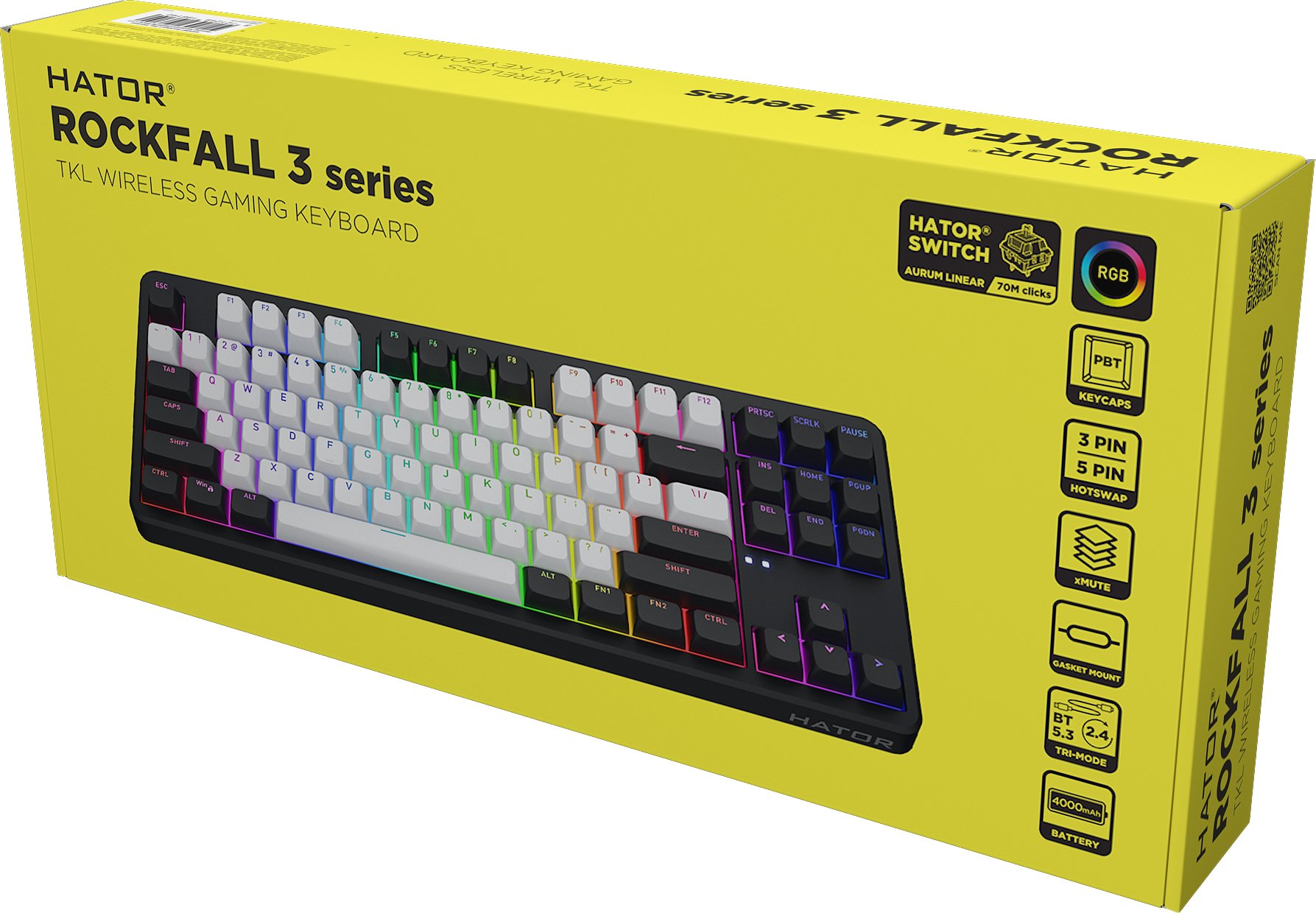 Tastierë gaming Hator HTK850 Rockfall 3 TKL, mekanike, RGB, pa numpad, me tel dhe pa tel, layout ENG