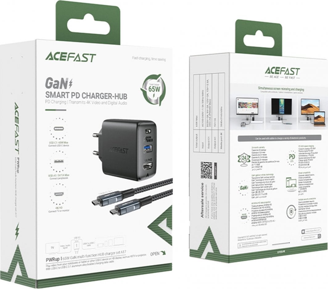 Karikues Acefast 2in1 GaN, 65W, USB A dhe USB C, gri