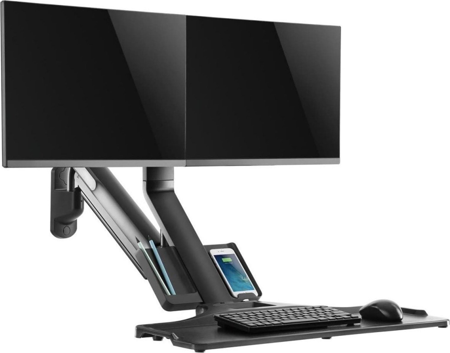 Mbajtëse muri për monitor dhe tastierë Maclean MC-633, për dy monitorë 17"-27", sustë gazi, e zezë