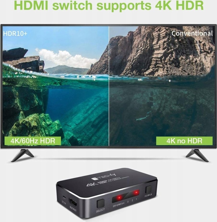 Ndërprerës HDMI 4K 60Hz HDR, 3 porta, me telekomandë, i zi