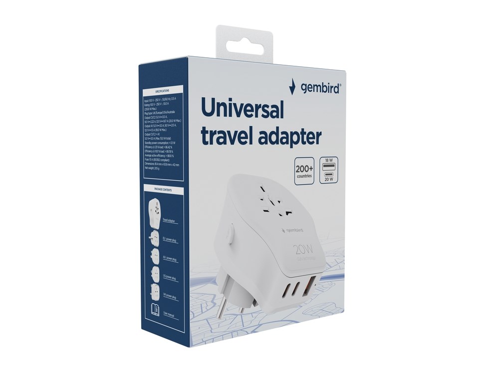 Përshtatës universal udhëtimi Gembird UPA‑CH3P65‑01, 20W, 2x USB C PD, 1x USB A QC 3.0, i bardhë