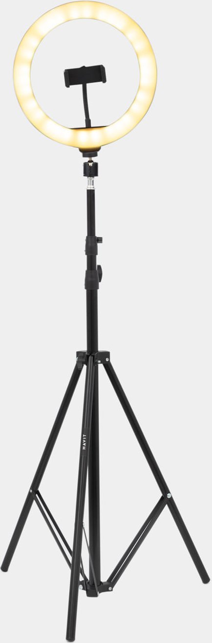 Dritë unaze Havit RGB LED 10", tripod i rregullueshëm, mbajtëse telefoni fleksibile, e zezë