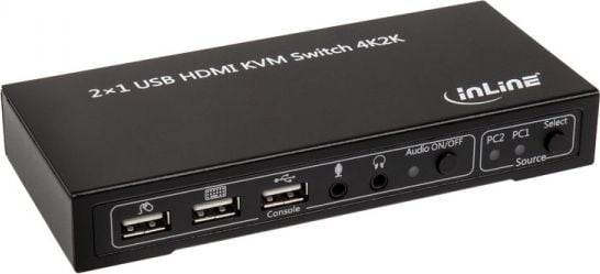Ndërprerës KVM InLine 2x1, HDMI 4K, USB 2.0, i zi