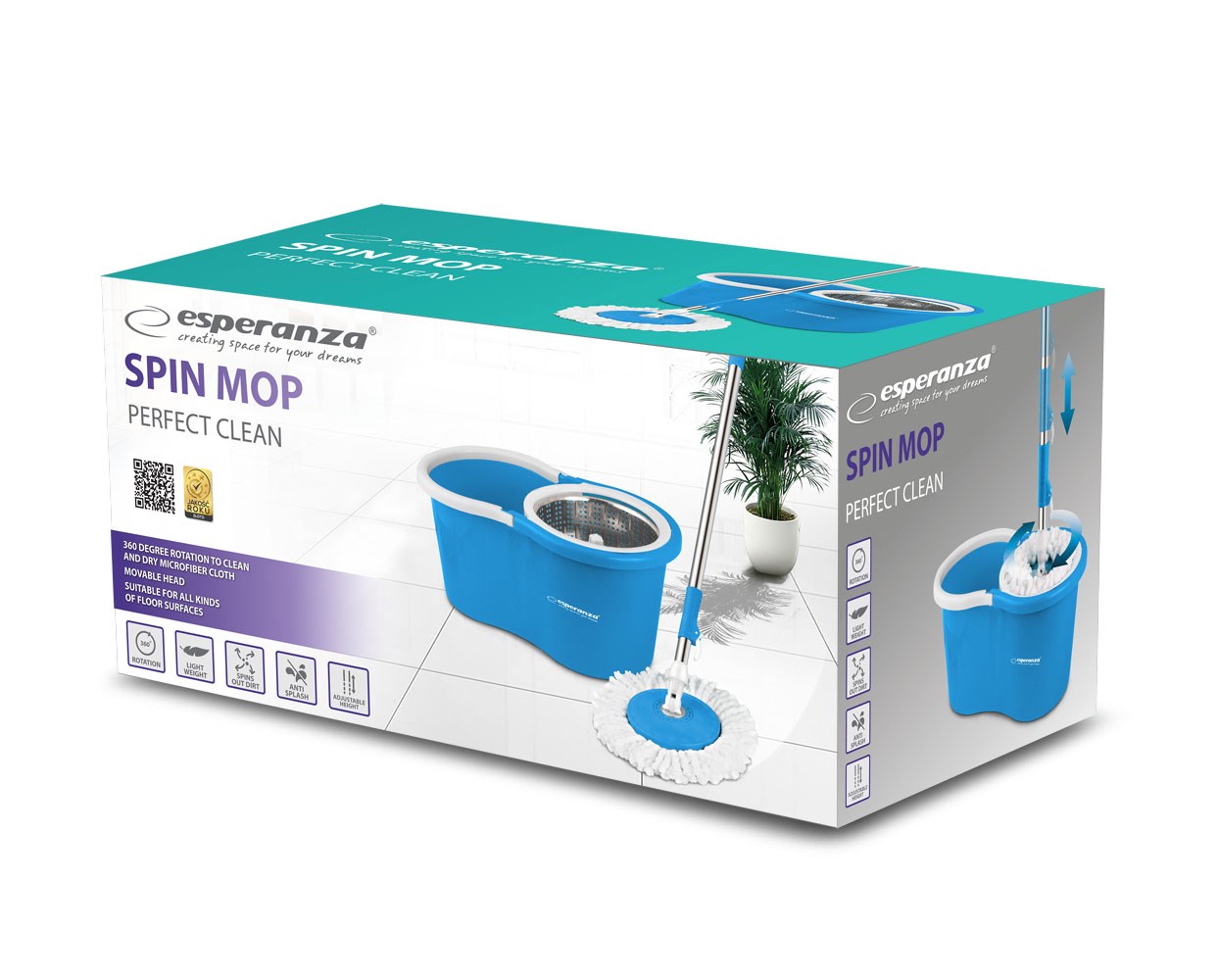 Mop rrotullues Esperanza Perfect Clean EHS006, kovë me rrotullim 360°, shkop inoksi