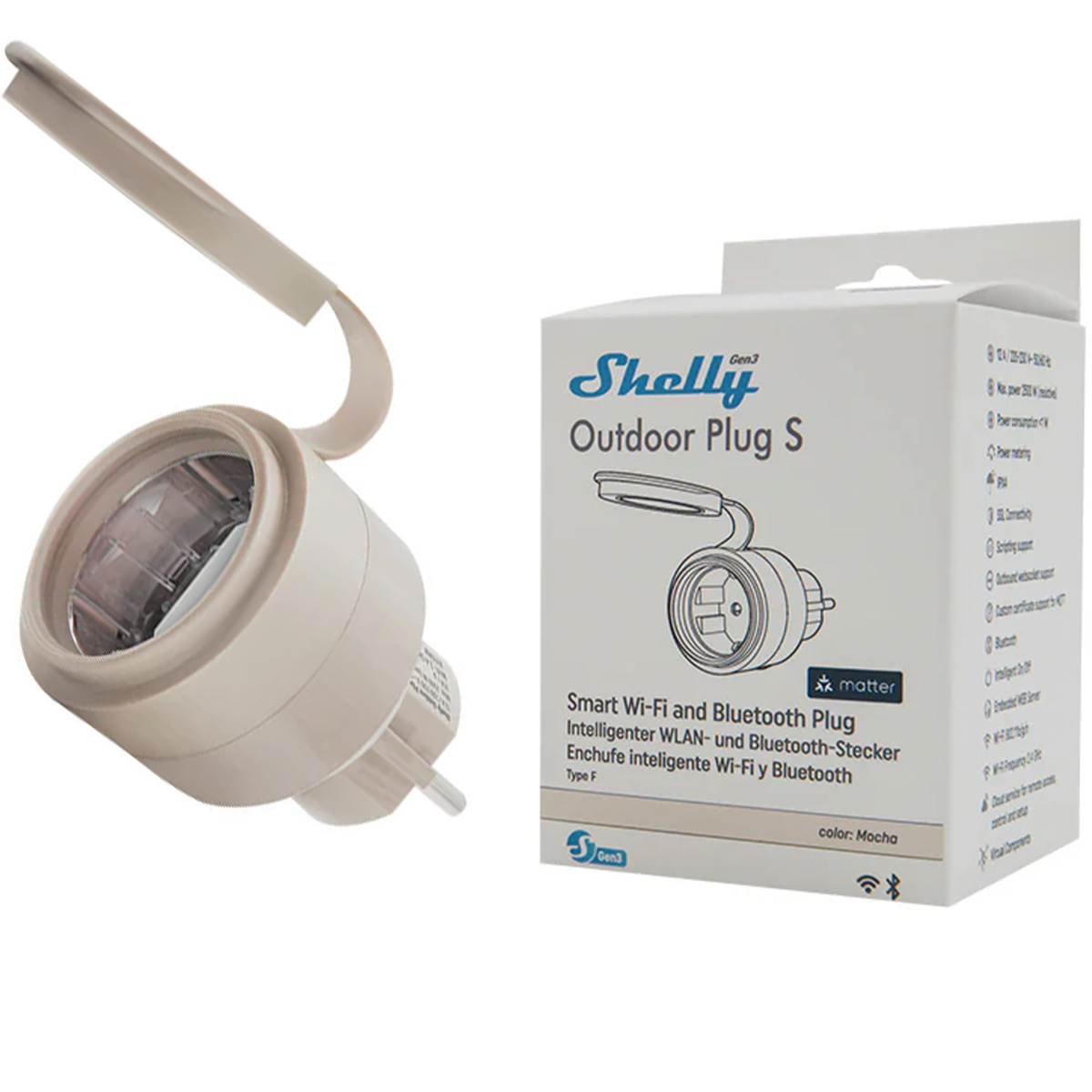 Prizë e mençur Shelly Outdoor Plug S Gen3, Wi-Fi, rezistente ndaj ujit, ngjyrë krem