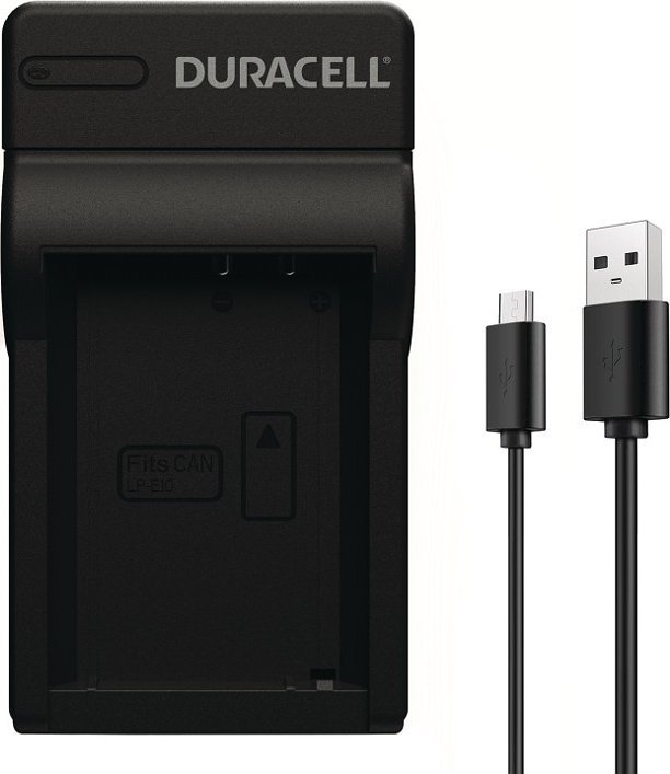 Karikues baterie për kamera Duracell DRC5905, me kabllo USB, për Canon LP-E10, i zi