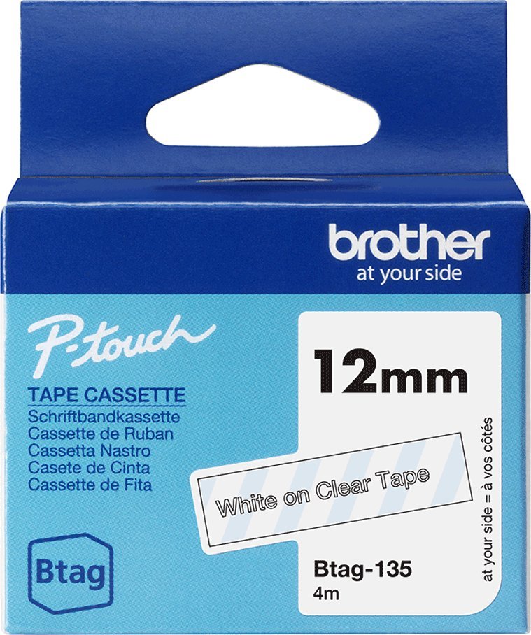 Shirit etiketues Brother BTAG-135, 12mm, tekst i bardhë në transparent