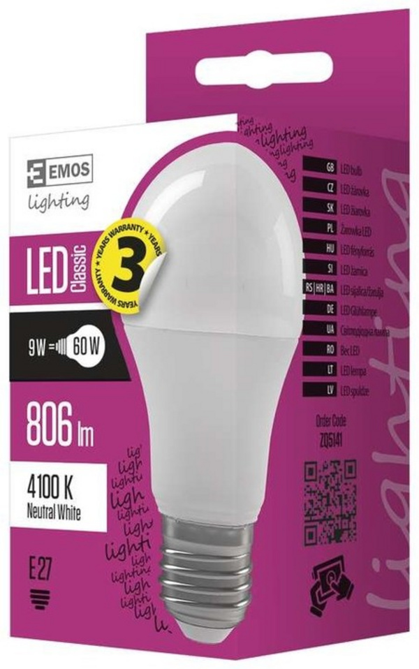 Poç Emos LED Classic A60 9W E27, i	bardhë neutral