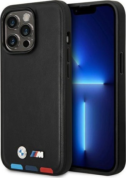Mbulesë telefoni BMW Leather Stamp Tricolor MagSafe për iPhone 14 Pro 6.1", lëkurë natyrale, e zezë