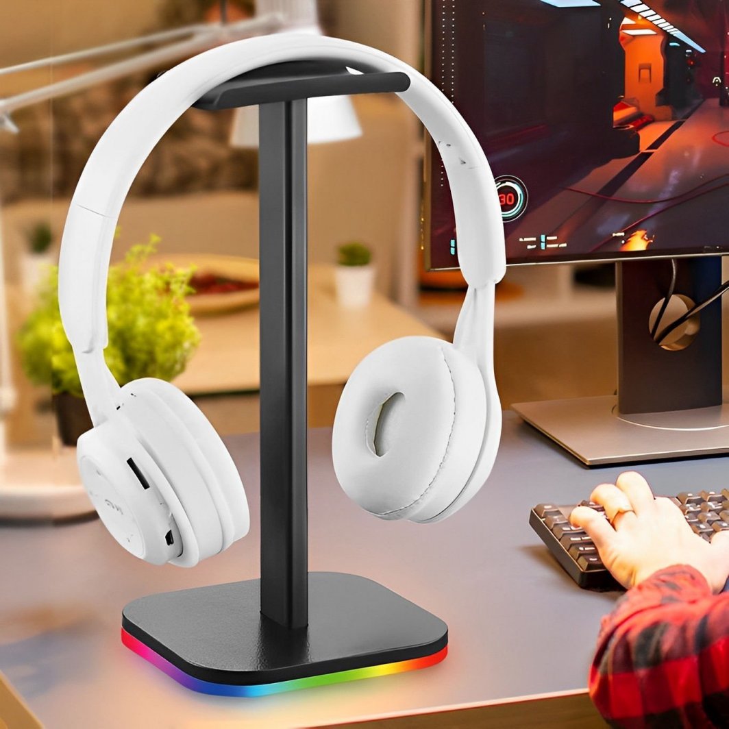 Mbajtëse për kufje Mozos D10, RGB, plastike, e zezë