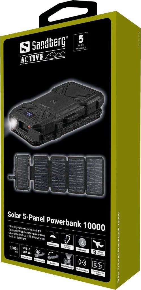 Powerbank Sandberg Solar 5-Panel, 10000mAh, me ngarkim pa tela, i zi