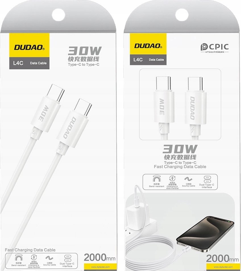 Kabllo USB C Dudao L4C, USB C në USB C, 30W, 2m, e bardhë