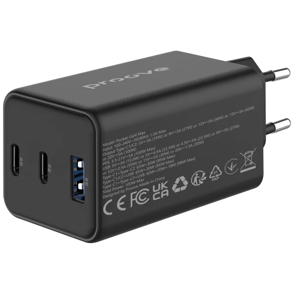 Karikues muri Proove Pocket, 65W, me 2×Type-C dhe USB, i zi