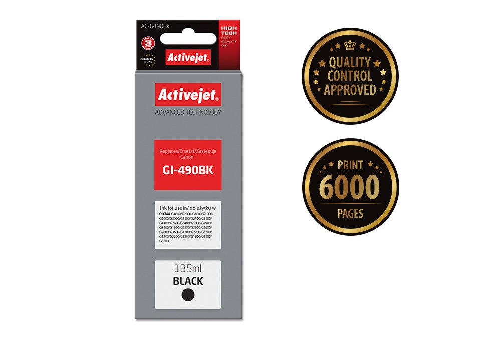 Ngjyrë për printer Activejet AC-G490Bk (zëvendësim për Canon GI-490BK), 135 ml, e zezë
