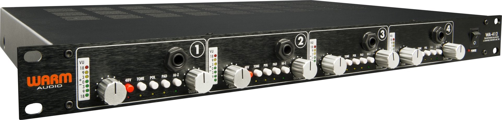 Preamp audio Warm Audio WA-412, 4 kanale, rack 1U, ngjyrë e zezë
