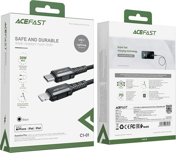 Kabllo karikimi Acefast USB C në Lightning, 1.2m, Power Delivery 30W, e zezë