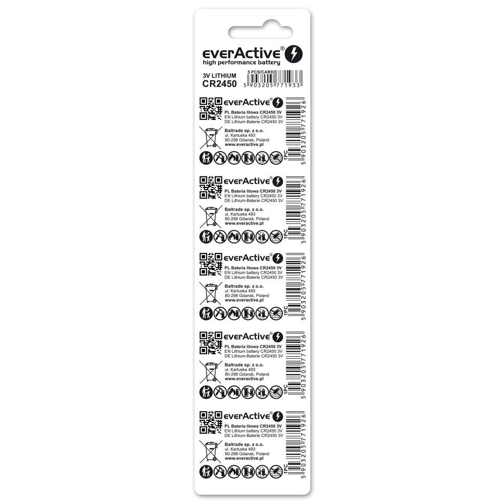 Bateri litium EverActive CR2450, 3V, set 5 copë, argjendtë
