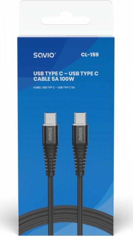 Kabllo USB Savio USB A në USB C, 1m, 100W, i zi