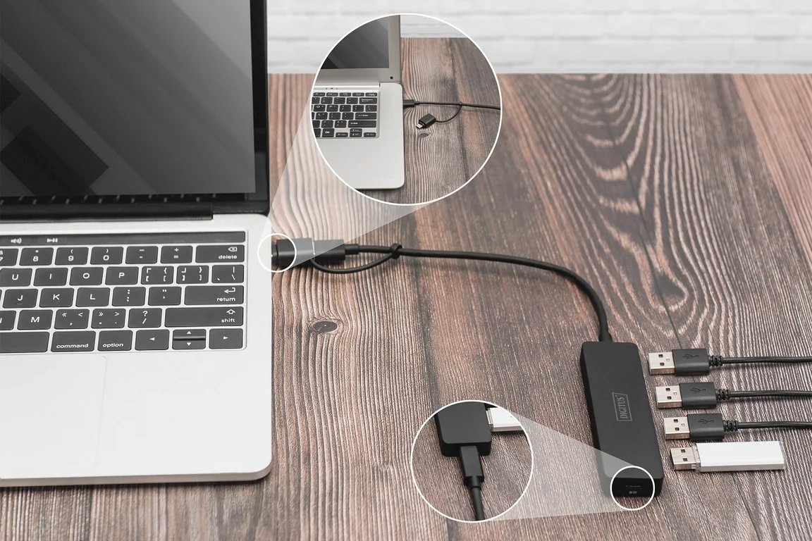 HUB USB Digitus USB 3.0, 4 porta, 5 Gbps, me kabllo 0.2 m