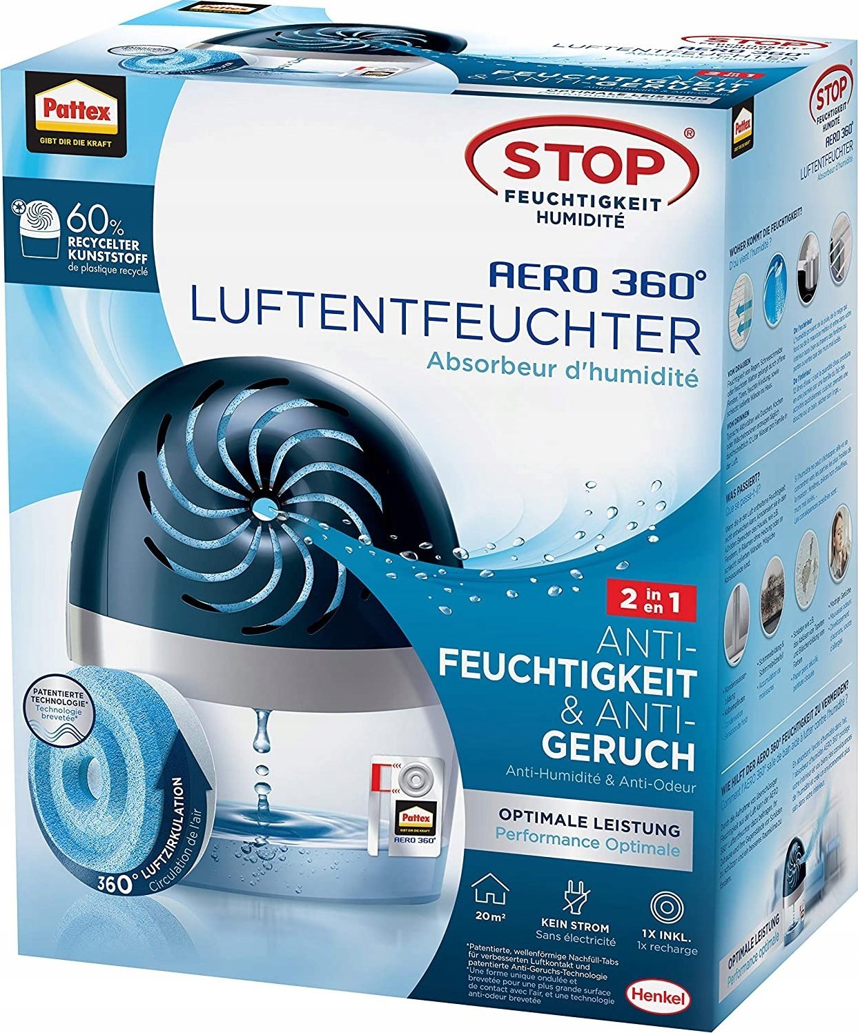 Dehumidifikues Pattex PA360 Aero360, për hapësira deri 50m³, kompakt, i bardhë e blu