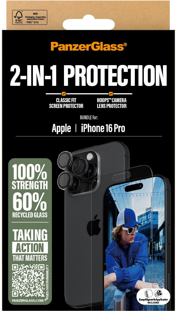 Set mbrojtës PanzerGlass 2 in 1 për iPhone 16 Pro, xham mbrojtës, mbrojtje shtesë transparente