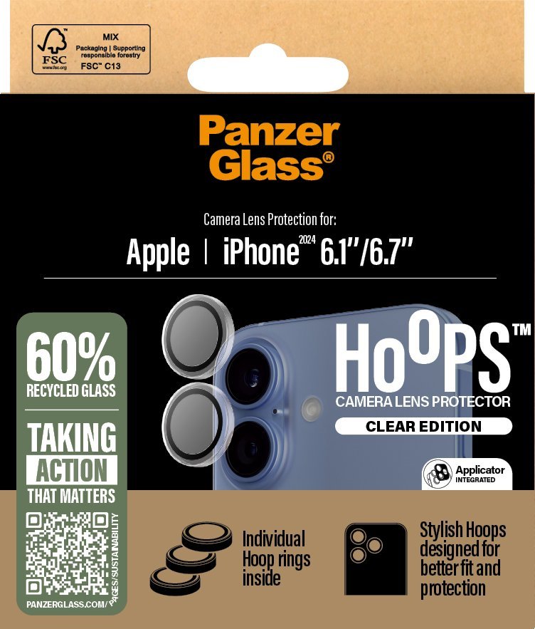 Mbrojtës kamere PanzerGlass Hoops, për iPhone 16 16 Plus, transparent