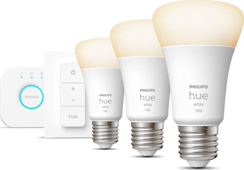 Set ndriçimi inteligjent Philips Hue Starter Kit, Bridge, 3 llamba E27 9.5W, dimmer switch, e bardhë e ngrohtë