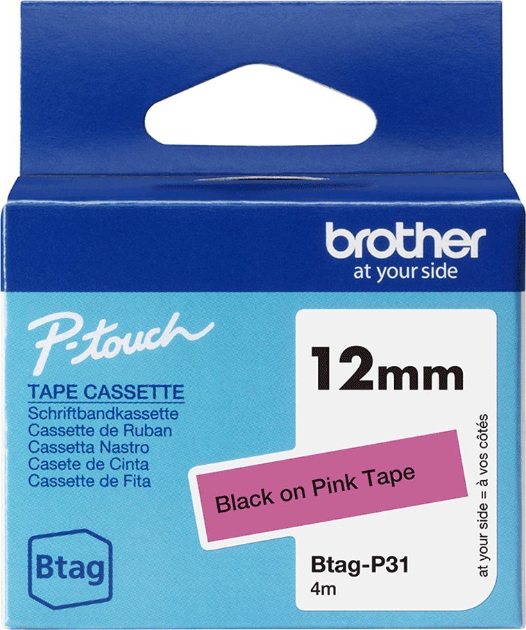 Shirit etiketimi Brother BTAGP31, 12mm, tekst i zi në rozë, rozë