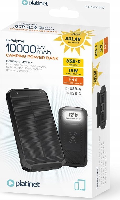 Power bank Platinet 10000mAh, karikim wireless 15W, panel diellor, i zi