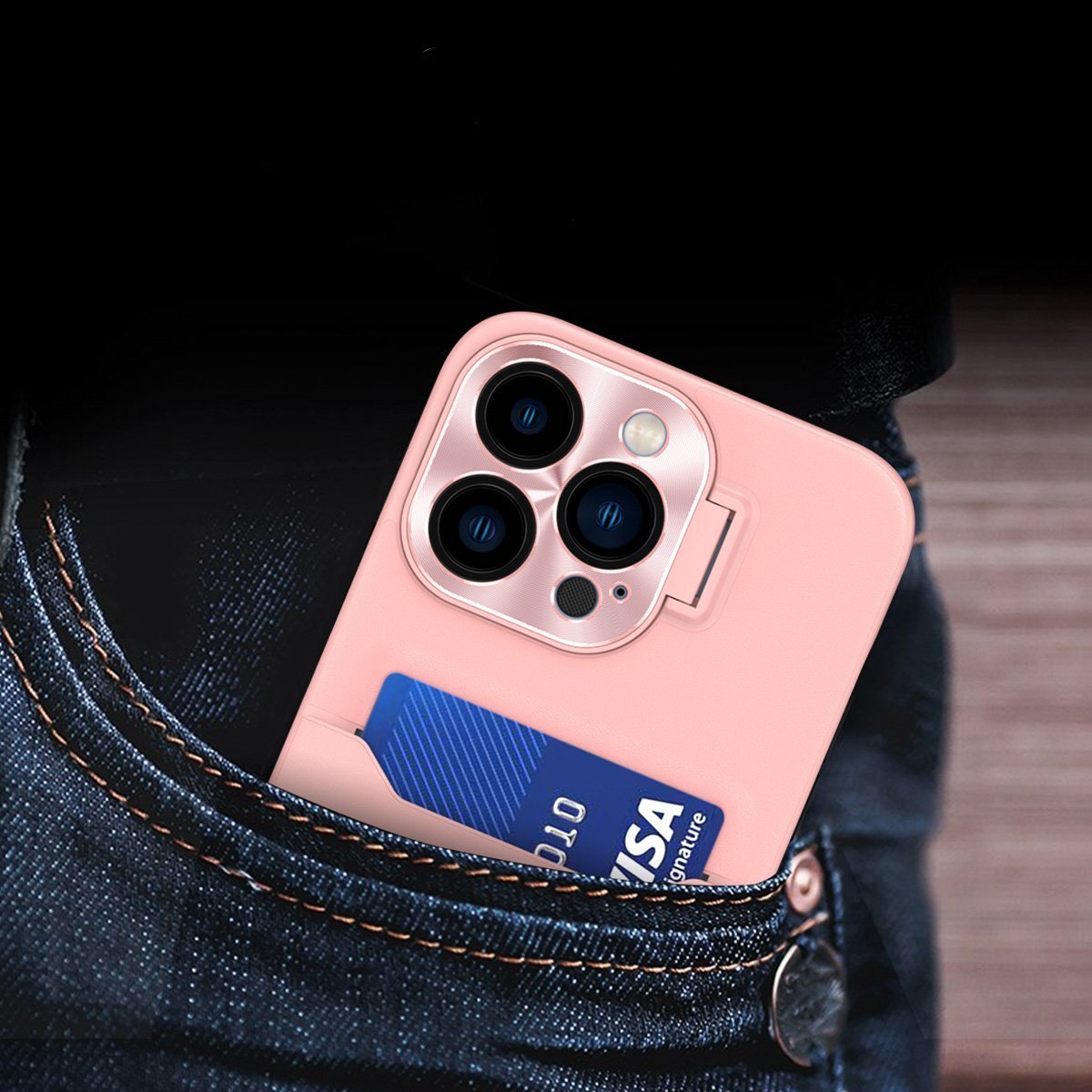 Kapak telefoni Hurtel Leather Stand Case për iPhone 14 Pro Max, me xhep për kartë, me mbajtëse, rozë