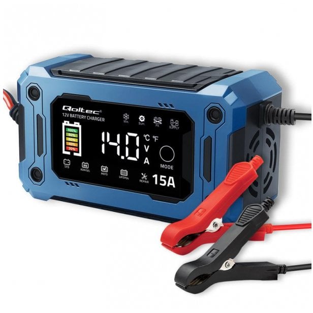 Karikues baterie Qoltec Intelligent Microprocessor, 12V 15A, LCD, blu e zezë