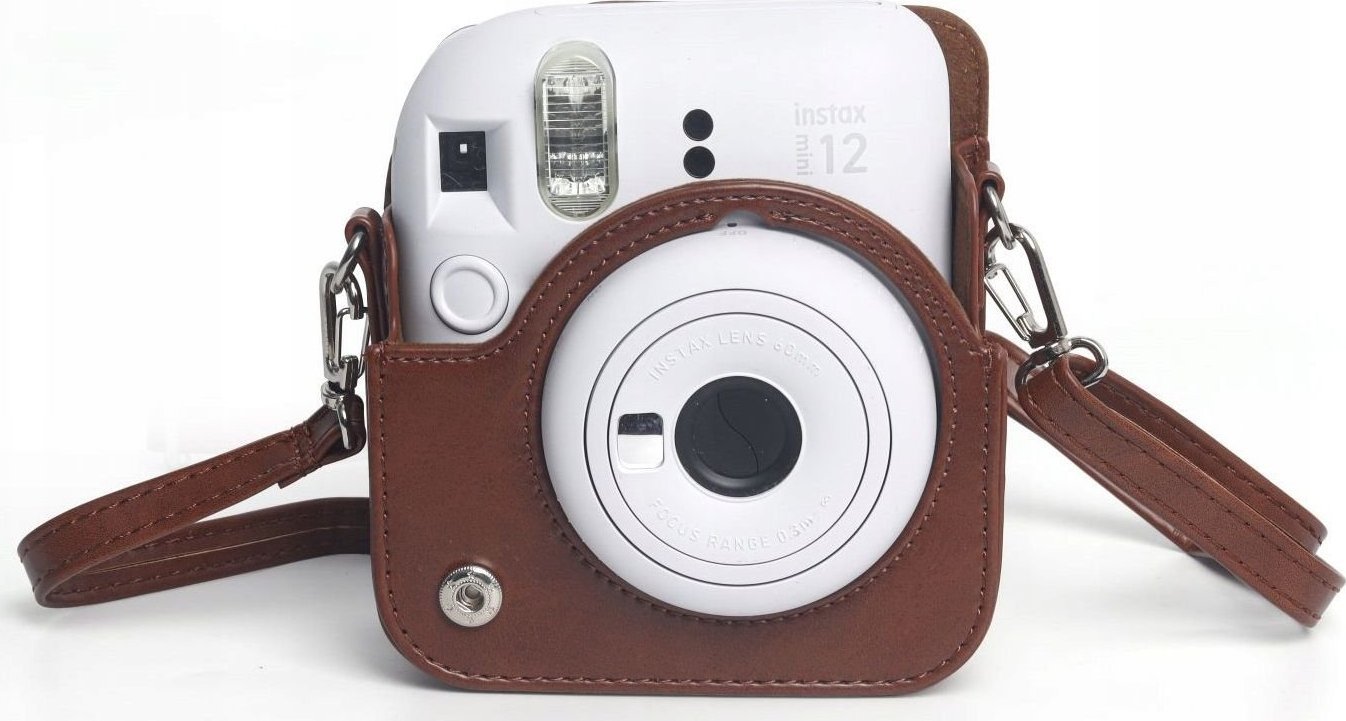 Etui për aparat LoveInstant për Fujifilm Instax Mini 12, lëkurë ekologjike, me rrip, kafe