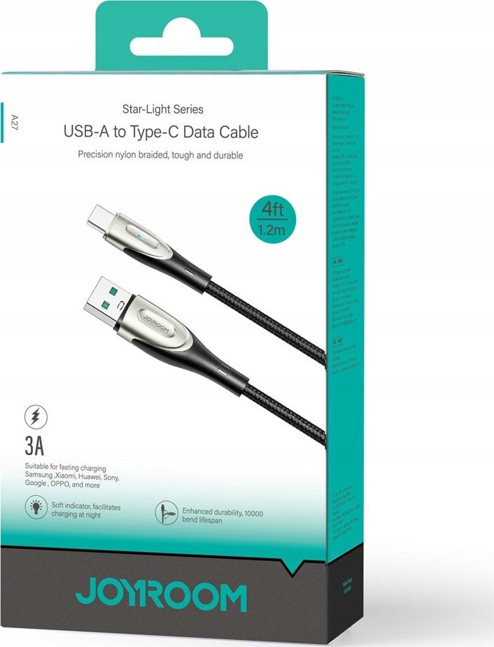Kабел за полнење Џојрум Пајонир SA31 AC6, USB A во USB C, 100W, 1.2m, црн