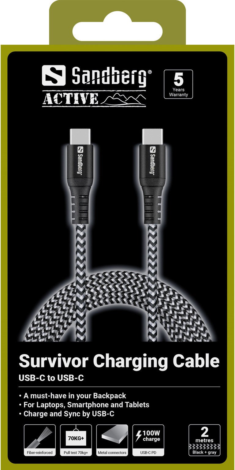 Kabllo karikimi Sandberg Survivor USB C, 2m, 100W, e zezë