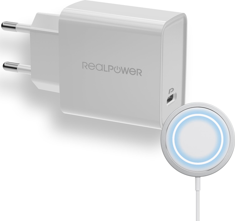 Karikues wireless RealPower PC-MagSet, USB Type C, për përdorim të brendshëm, i bardhë