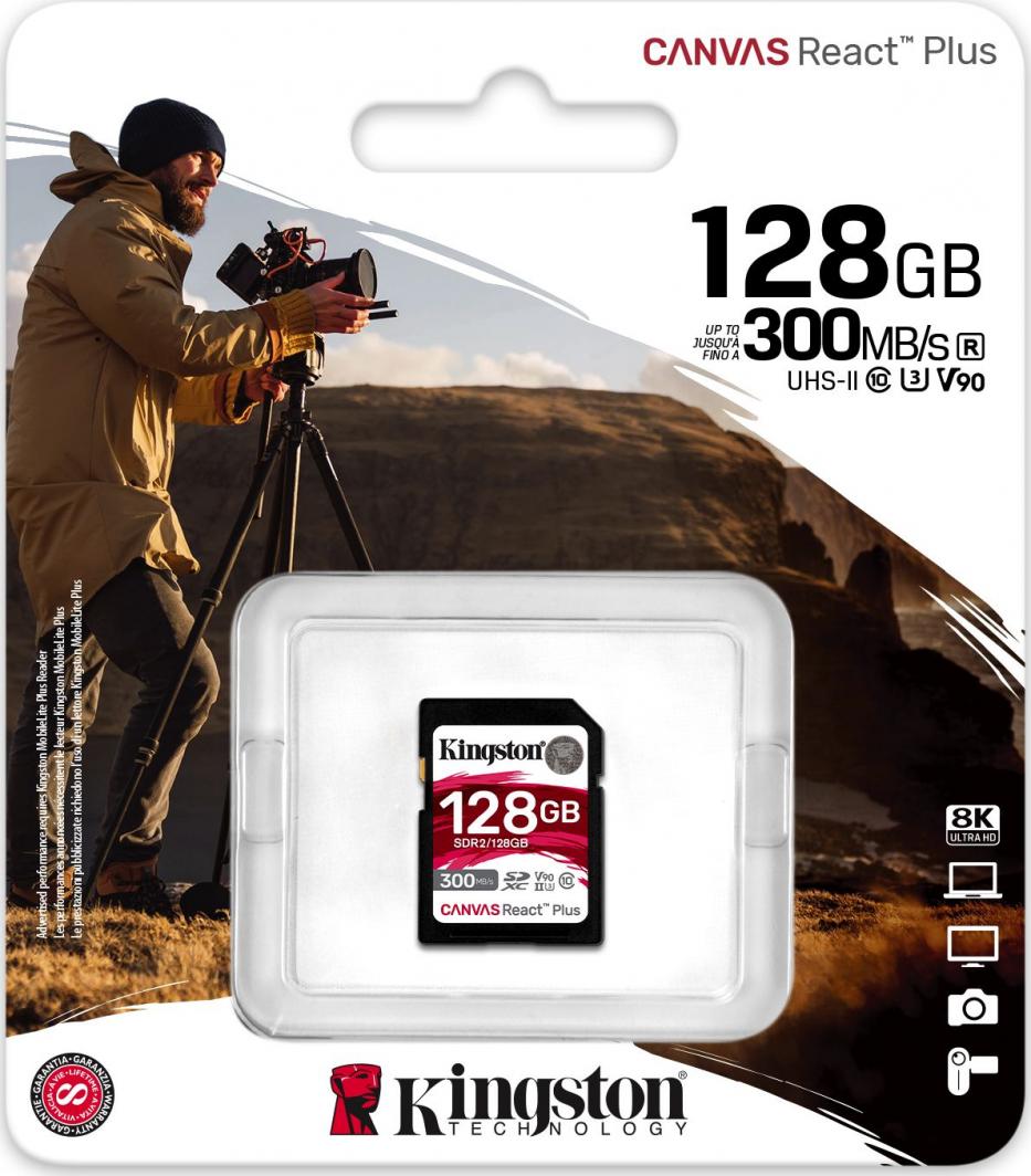 Kartë memorie Kingston Canvas React Plus SDXC Card 128 GB Class 10 UHS-II / U3 V90 (SDR2 / 128GB)