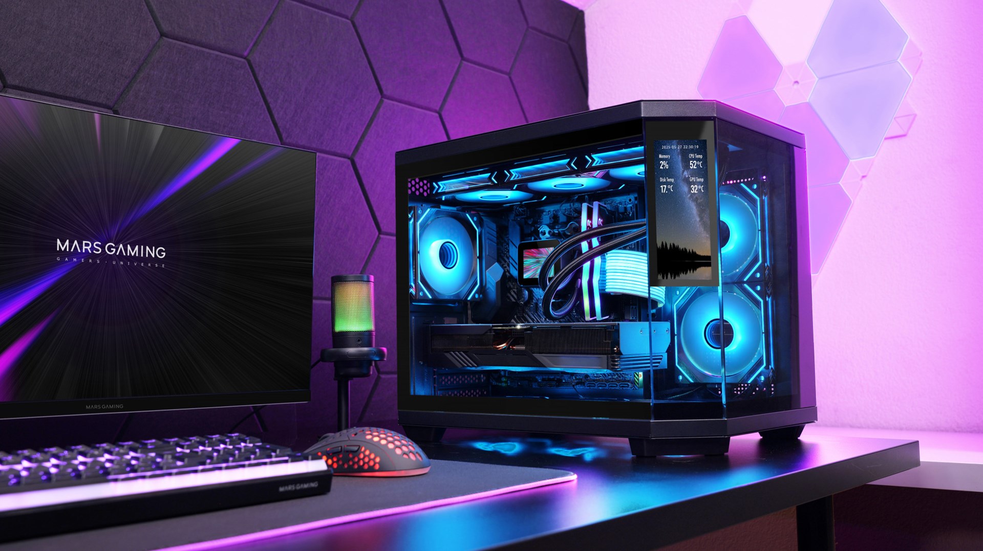 Kullë PC Mars Gaming MC3TCORELCDM, Mini Tower, xham i temperuar, ekran IPS, e zezë