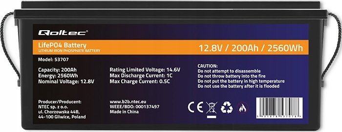 Bateri LiFePO4 Qoltec, 12.8V, 200Ah 2560Wh, me BMS