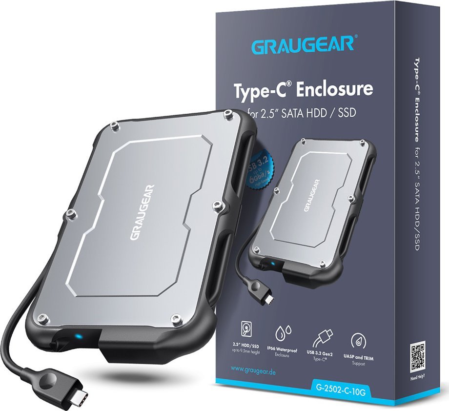 Kuti e jashtme Graugear Pocket G-2502-C-10G, 2.5" SSD HDD, USB-C 3.2 Gen 2, e zezë