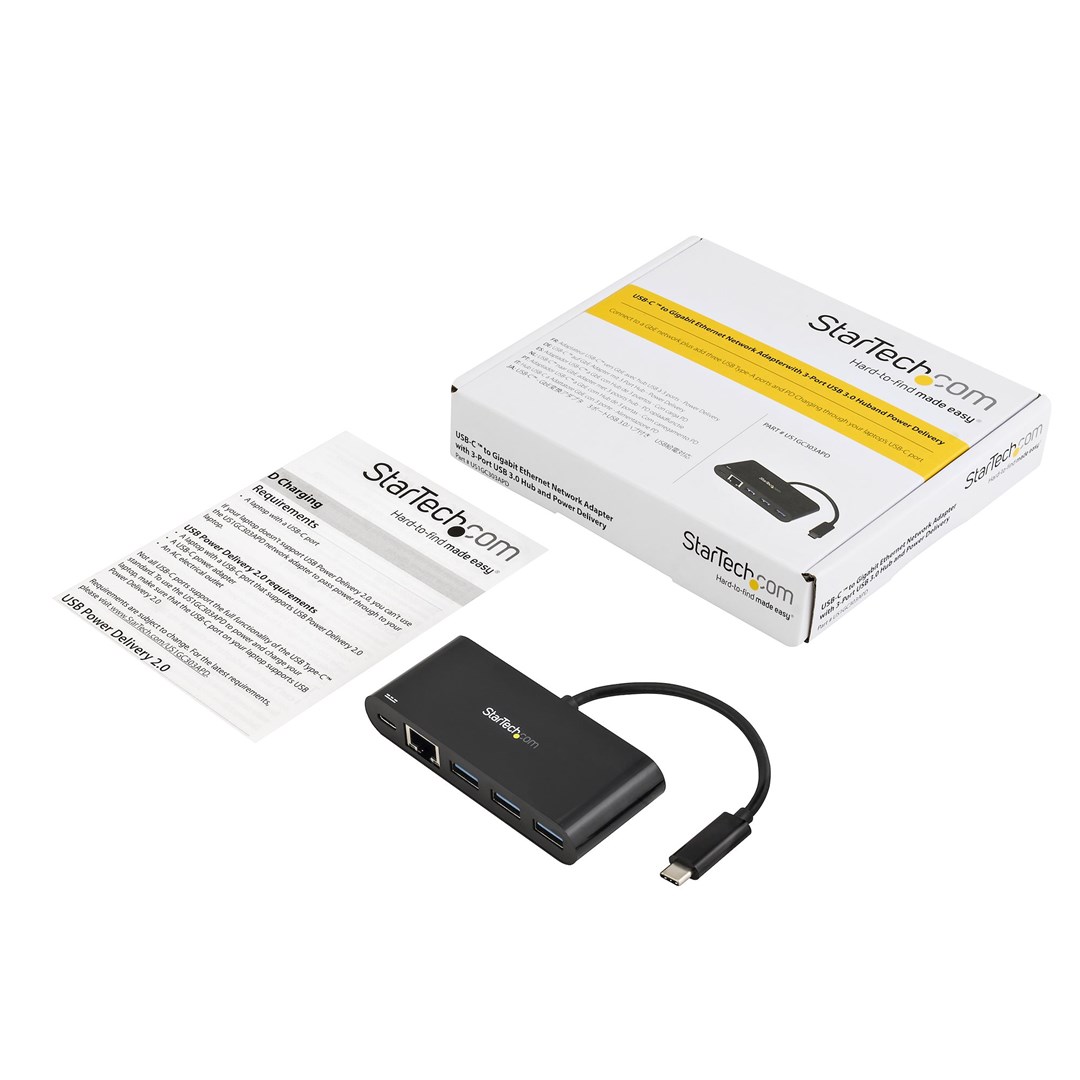 Përshtatës Startech, USB-C në Ethernet StarTech.com, 3 porta USB 3.0, Power Delivery, i zi
