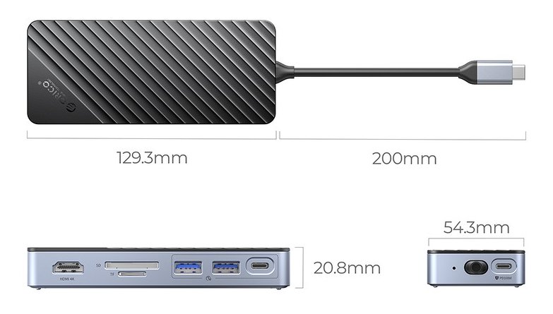 Hub USB C ORICO me SSD M.2 NVME SATA, 4K 60Hz HDMI, 10Gbps, 100W PD, gri