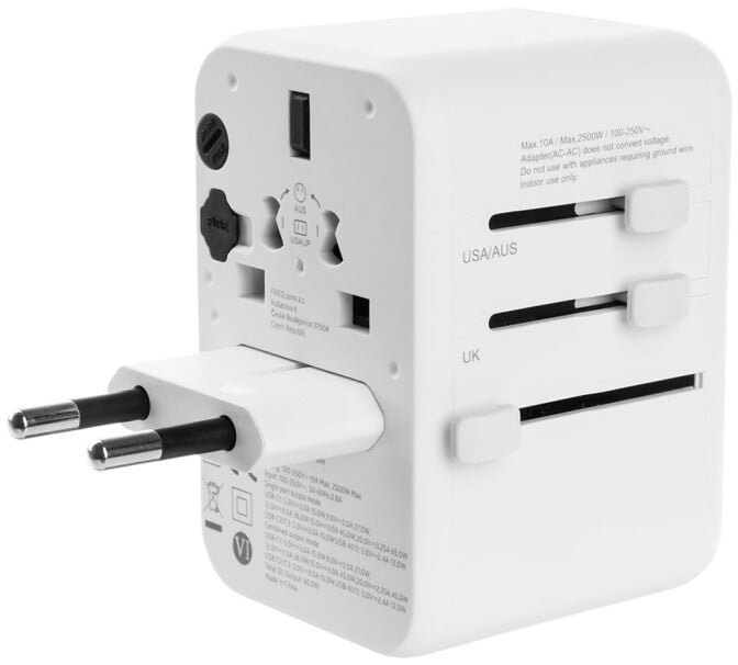 Përshtatës udhëtimi FIXED për EU, UK dhe USA/AUS, 3xUSB-C, 2xUSB-A, GaN, PD 65W, i bardhë