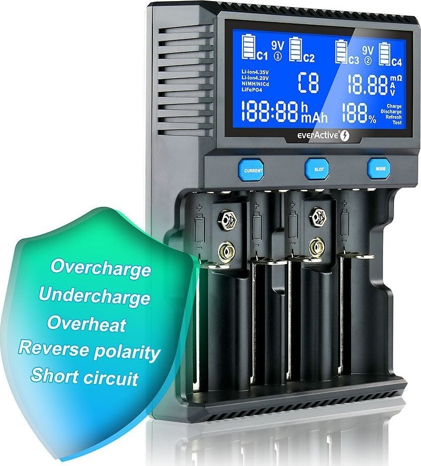 Karikues universal EverActive UC4200, 4 slote, për bateri Ni MH dhe Li ion, i zi