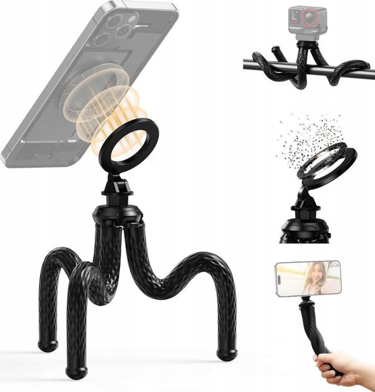 Tripod telefoni Telesin Octopus Magnetic, mini fleksibël, çlirim i shpejtë, i zi