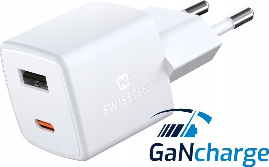 Karikues muri Swissten GaN Mini, 30W Power Delivery, 1x USB C 1x USB, i bardhë
