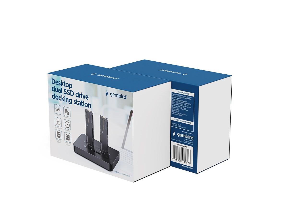 Docking stacion SSD Gembird DD2-U3M2, M.2 NVMe dhe SATA, USB Type-C, i zi