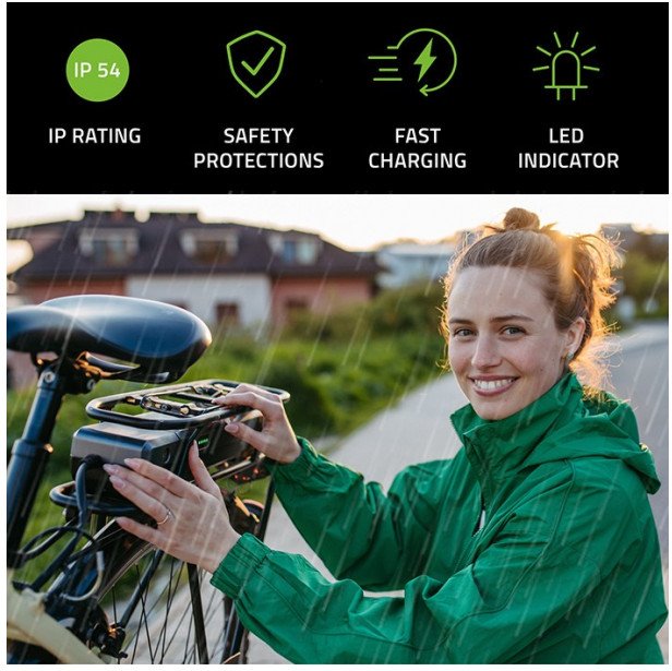 Karikues për biçikletë elektrike Qoltec 42V 2A, 84W, IP54, i zi