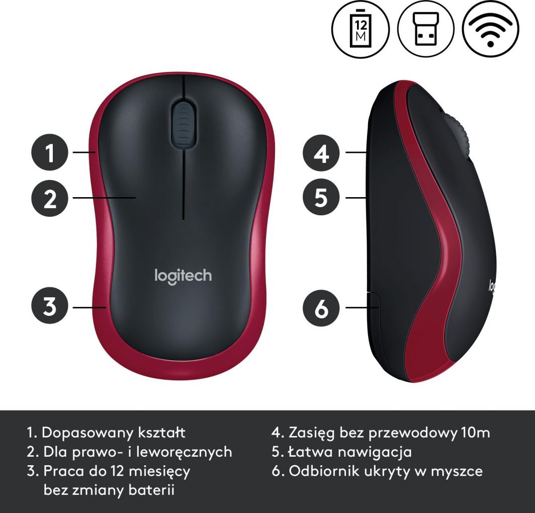Maus Logitech M185, wireless, USB, i zi dhe i kuq